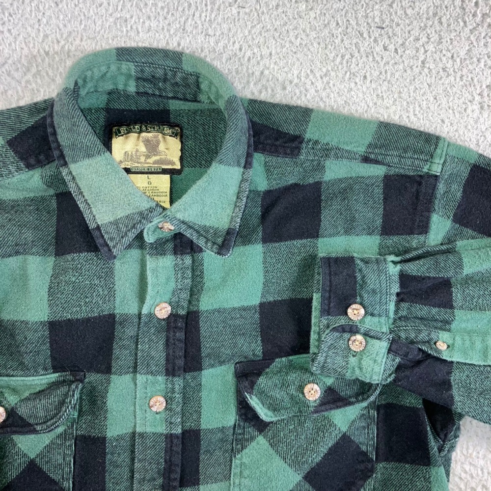 VTG Field & Stream Flannel Shirt Men L Green Black Buffalo Plaid Layering Grunge